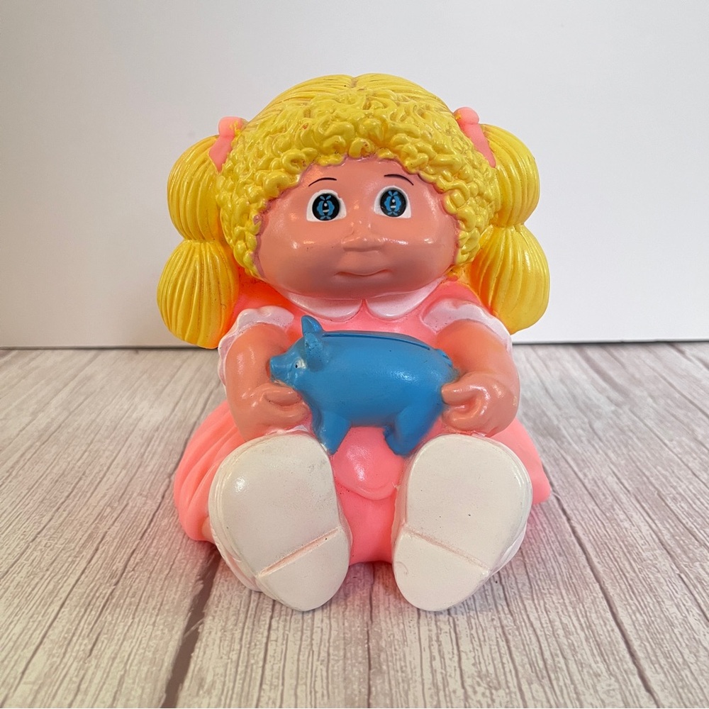 Vtg Cabbage Patch Kid 1983 Plastic Vinyl Bank Blonde Girl Pink Dress Blue Eyes
